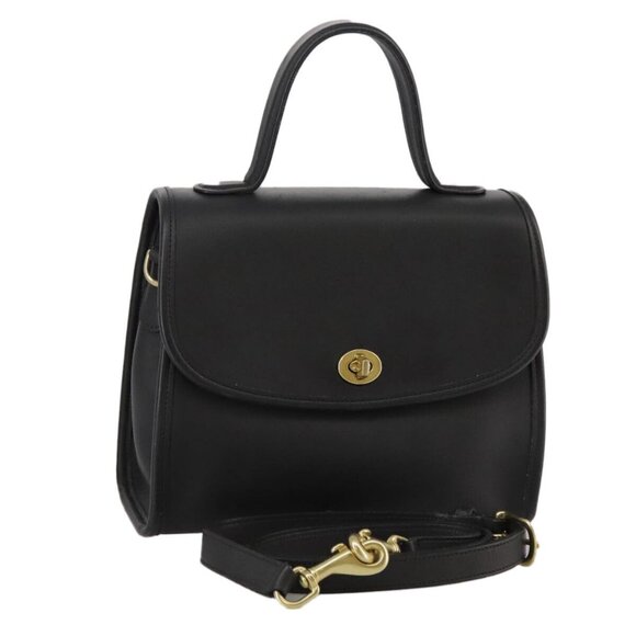 Coach Hand Bag Leather 2way Gold Black Auth am7345